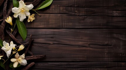 Elegant white flowers and vanilla pods arranged on a dark wooden background.