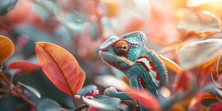 Colorful Chameleon Blending into Vibrant Foliage Showcasing its Remarkable Adaptability and Flexibility in Diverse Environments