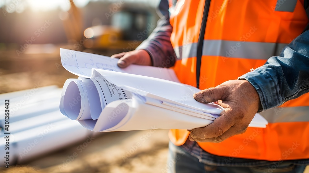 Poster the construction worker examines the blueprints and documents on the desk as part of the planning an