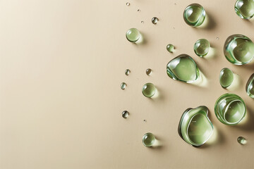 Top view of transparent green liquid drops on beige color background with copy space for text. clean minimal style.