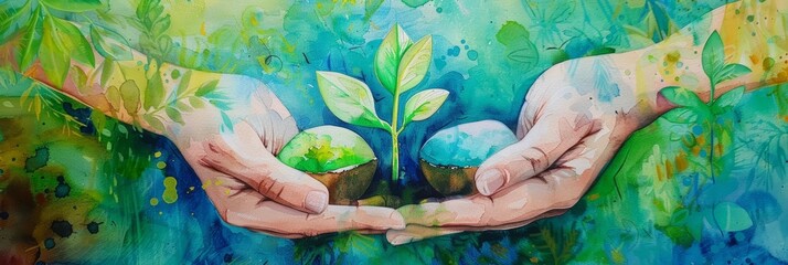 A watercolor painting of a hand holding a plant in the palm with a blue and green background