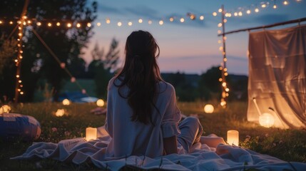 Fototapeta premium Cozy outdoor movie nights. creating a charming setup for open-air screenings under the starlit sky