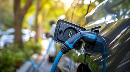 Electric Vehicle Charging Outdoors with Nature Background