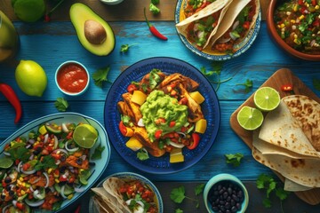 Traditional mexican food mix with traditional spicy meal. Tacos with homemade salsa, limes and parsley.  Many dishes of mexican cuisine. Festive dia de los muertos. Cinco de Mayo