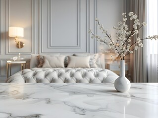 Marble table in a stylish blurred bedroom interior set for product display or design layout with copy space