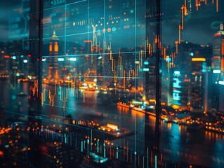 Pulsing Financial Landscape Digital Overlay of Trading Data Across a Vibrant Metropolitan Backdrop