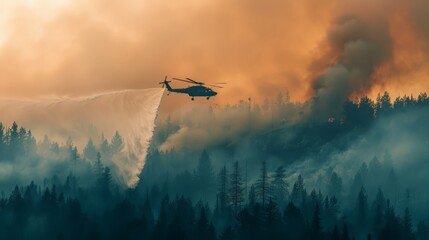 Helicopter releasing a massive water load to control a spreading forest fire. Precision and teamwork in firefighting.