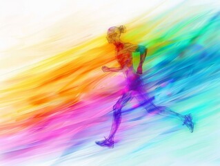 A minimalist line art sketch of a runner in motion, the background a colorful blur suggesting speed 