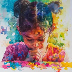 A child looking through a glass at a colorful abstract painting