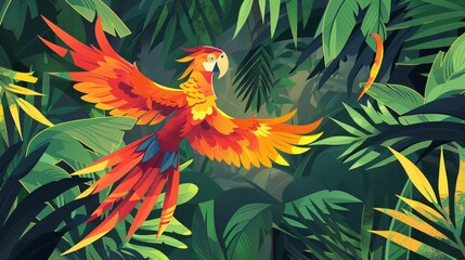 Vibrant flat design artwork featuring a Firebird soaring over coconut palms