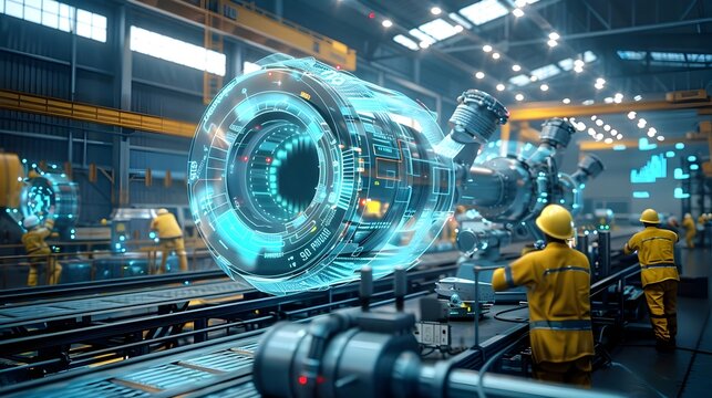 Futuristic Digital Holographic Interface in an Advanced Industrial Factory