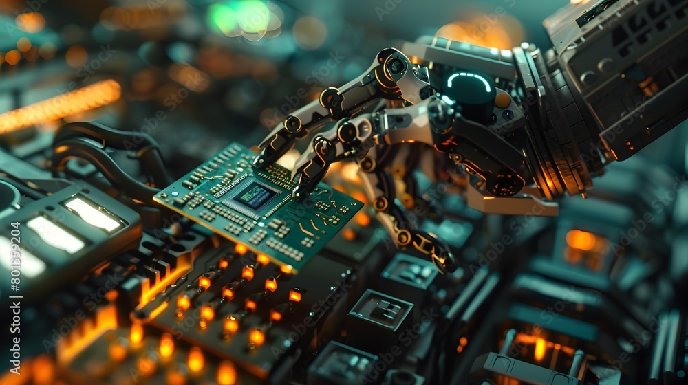 Poster illuminated futuristic circuit board with glowing metallic microchips and components