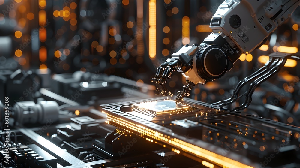 Poster close up view of high tech circuit board with metallic components and futuristic design