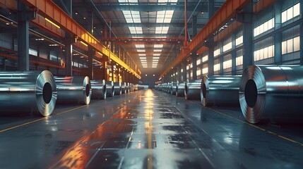 Obraz premium Industrial Warehouse with Rows of Steel Pipes and Metallic Equipment in a Vast Illuminated Interior Facility