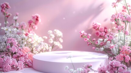 Pink flowers and plants with a pink background and a white podium.