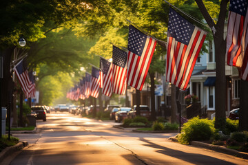 American flags lining the streets of a small town for Memorial Day