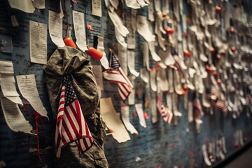Handwritten letters to fallen soldiers placed on a memorial wall