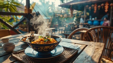 Steam rising from a hot bowl of Panang Curry next to a card game set up