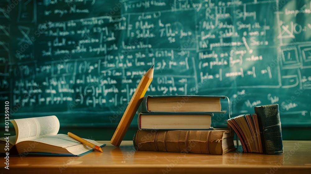 Poster chalkboard filled with mathematical formulas and academic notes in a classroom setting suggesting a 