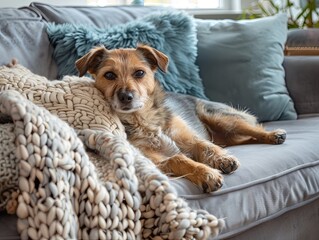 A cute dog snuggled among pillows and a soft blanket on a couch.