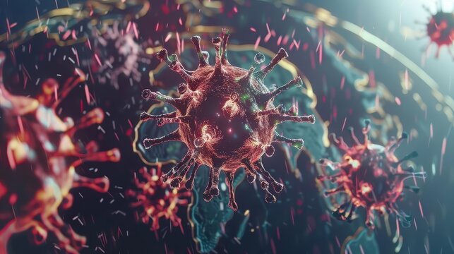 A 3D rendering of a virus that looks like a red and pink sphere with spikes sticking out of it