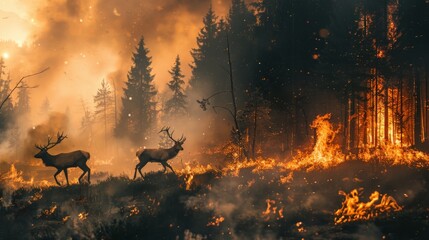 Enraged wildfire with wildlife escape against a smoky backdrop. A powerful scene of natural disaster and urgency.