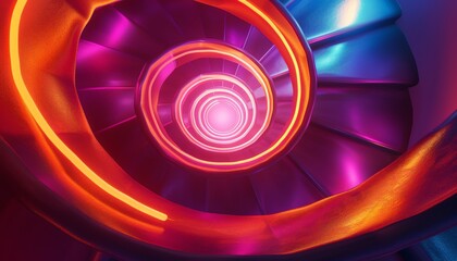 A neon spiral staircase leading upwards into a vortex of light and color, perfect for a surreal and dreamlike scene 