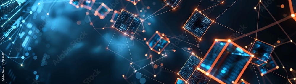 Poster a network of glowing cubes forming a blockchain structure, data flowing through the connections, set