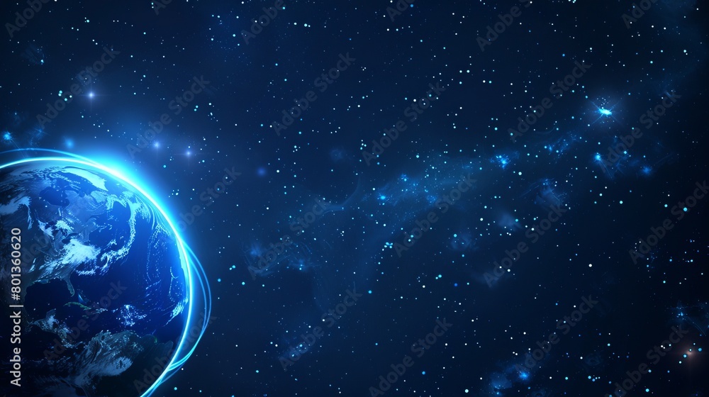 Poster deep blue vector backdrop featuring earth with abstract technological rings orbiting around it, repr