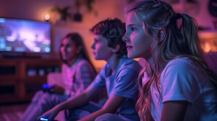 Children Engrossed in Gaming with Vibrant TV Screen Glow, Concept of Entertainment, Friendship, and Technology