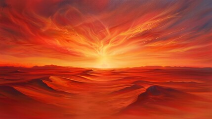 A panoramic landscape painting of a vast desert plain at sunset, with the sky ablaze with fiery orange and red rays that converge on the horizon, meeting the clean lines of sand dunes. 
