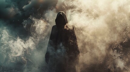 Enigmatic Silhouetted Figure Shrouded in Ominous Mist and Fog