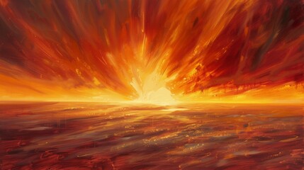 A panoramic landscape painting of a vast desert plain at sunset, with the sky ablaze with fiery orange and red rays that converge on the horizon, meeting the clean lines of sand dunes. 