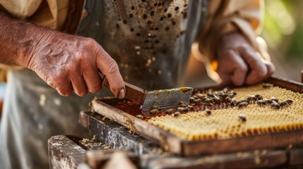 Close up of a beekeepers hands using a honey scraper to remove honey from the combs