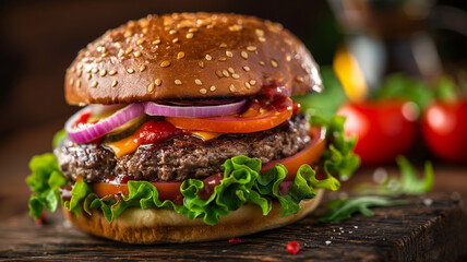 burger with a thick grilled beef patty, melted cheese, bright green lettuce leaves, and thinly sliced tomatoes and red onions. food photography with restaurant lighting background