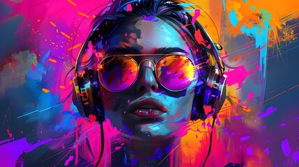 Vibrant Digital Artwork with Futuristic Headphones and Colorful Abstract Designs