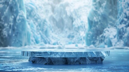 Ice platform floating on a frozen lake surrounded by snow-covered mountains.
