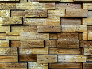 Wooden Blocks Wall,  Wood texture of cut tree trunk for background. Rustic plank panel, Wall background. Mosaic wood texture wall panel as background. Texture of decorative panel. Wall or floor boards