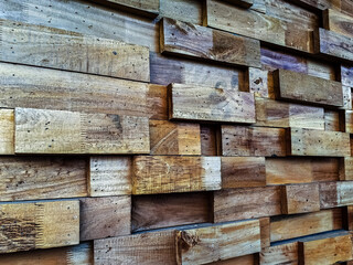 Wooden Blocks Wall,  Wood texture of cut tree trunk for background. Rustic plank panel, Wall...