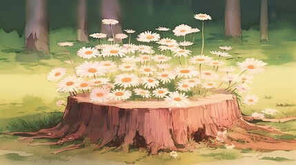 Daisies clustered around an old tree stump in a lush forest, highlighting natures ability to reclaim and beautify forgotten spaces - obrazy, fototapety, plakaty
