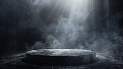 A spotlight shines down on a dark, concrete stage surrounded by smoke.