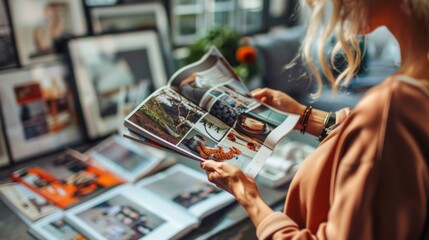 Print fashioner spreading out a magazine spread with text and pictures