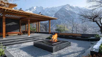 Winter Wonderland: Cozy Outdoor Scene with Fire Pit, Pergola, and Garden Bed against Snowy Mountains. Concept Winter Scene, Cozy Setting, Snowy Mountains, Fire Pit, Pergola, Garden Bed