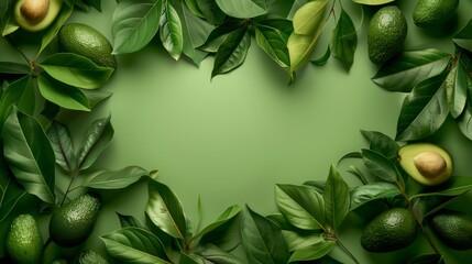 Lush green frame of avocado fruits and leaves on a vivid green background with copy space in the center.