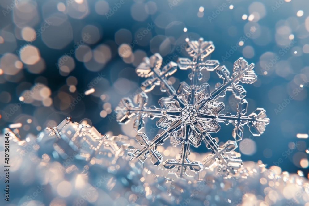 Aufkleber a photorealistic closeup of a snowflake, its intricate hexagonal structure with delicate branching p