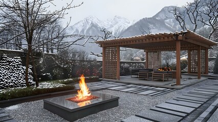 Winter Wonderland: Cozy Outdoor Scene with Fire Pit, Pergola, and Garden Bed Against Snowy Mountains. Concept Winter Wonderland, Cozy Outdoor Scene, Fire Pit, Pergola, Garden Bed, Snowy Mountains