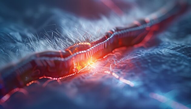 A photorealistic closeup of a surgical incision being stitched with advanced medical thread that glows faintly as it heals 