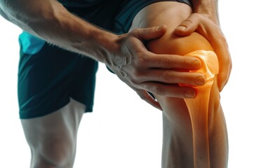 Young sport man with strong legs holding knee with hands in pain after suffering a ligament injury isolated on a white background. knee bone pain illustration