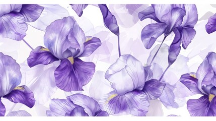 A tranquil seamless pattern featuring Japanese iris flowers in shades of purple and white, with a watercolor background to enhance the delicate structure