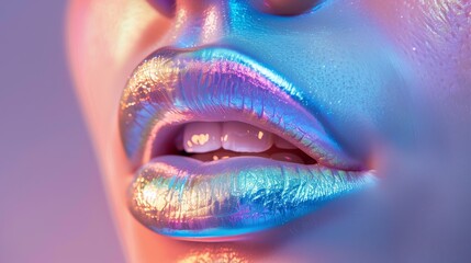 A close up of a womans lips adorned with holographic makeup